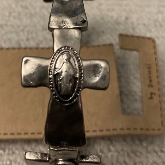 Da Vinci Cross Religious Tile Stretch Silvertone Metal Bracelet 7” Christian - Picture 2 of 6